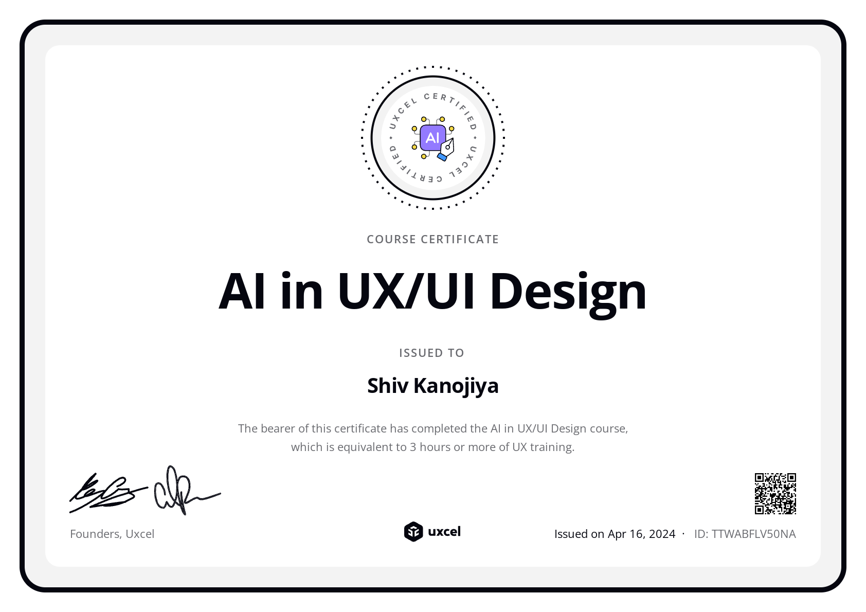 Shiv Kanojiya's certificate